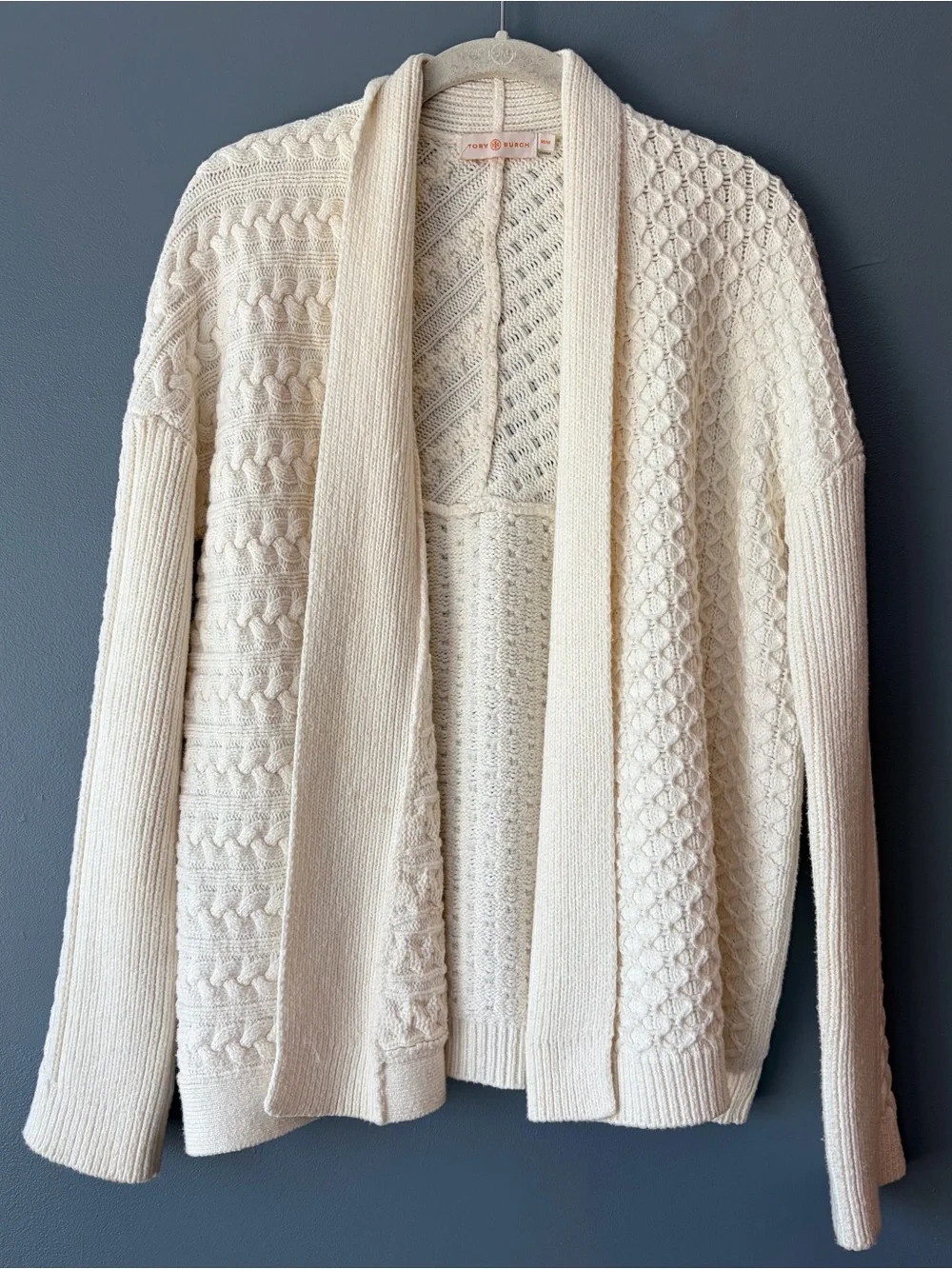 Tory Burch Textured Cable Knit Cardigan in Ivory
